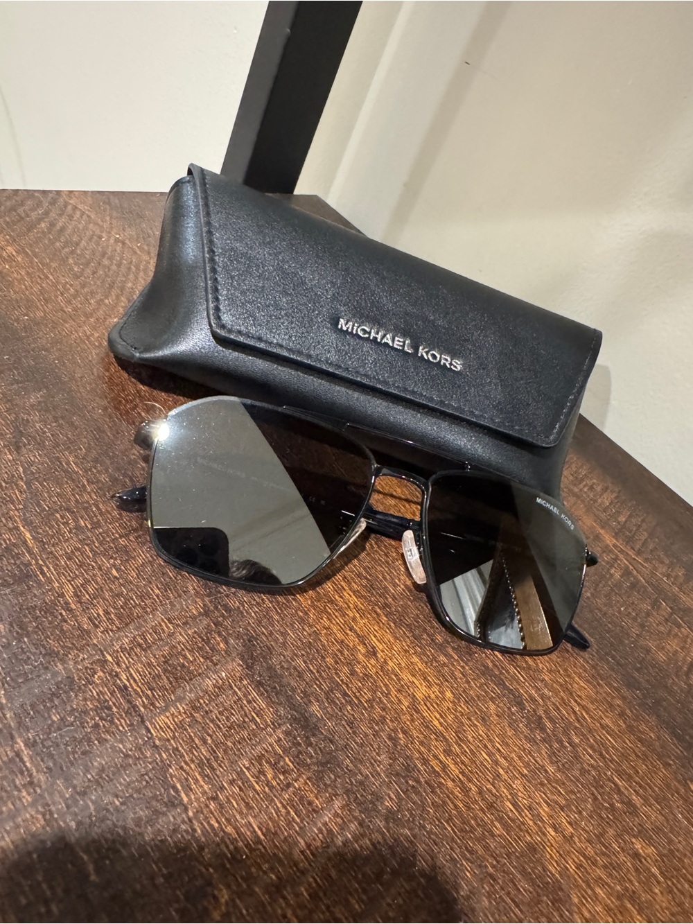Michael Kors Men’s Black Leather Sunglasses Case with Black Aviator Sunglasses